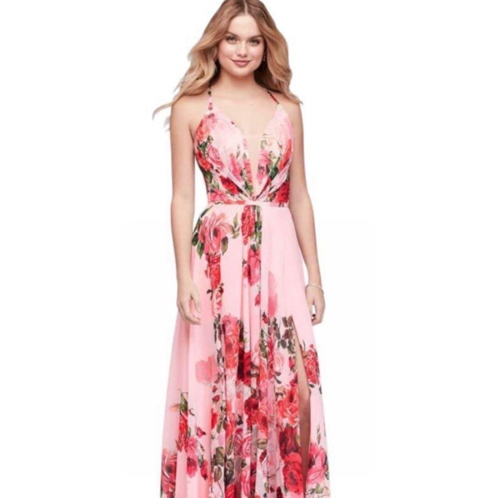 Plunging Sweetheart Floral Print Lace Up Gown